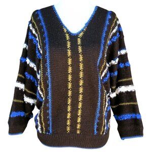 Rainbow Ridge Knit Pullover V-Neck Sweater Vintage 80s Vertical Stripes Large